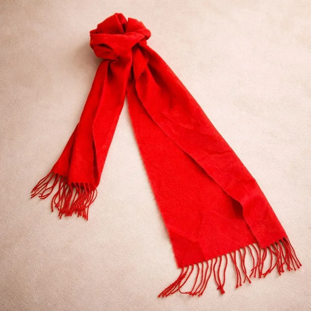 Red 100% Cashmere Scarf Made in England 62” x 12” Fringe Soft Luxury Unisex